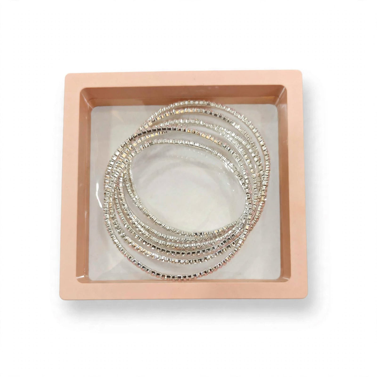 Clear Diamond Rhinestone Silver Elastic Bracelet Set of 6 in premium gift box packaging
