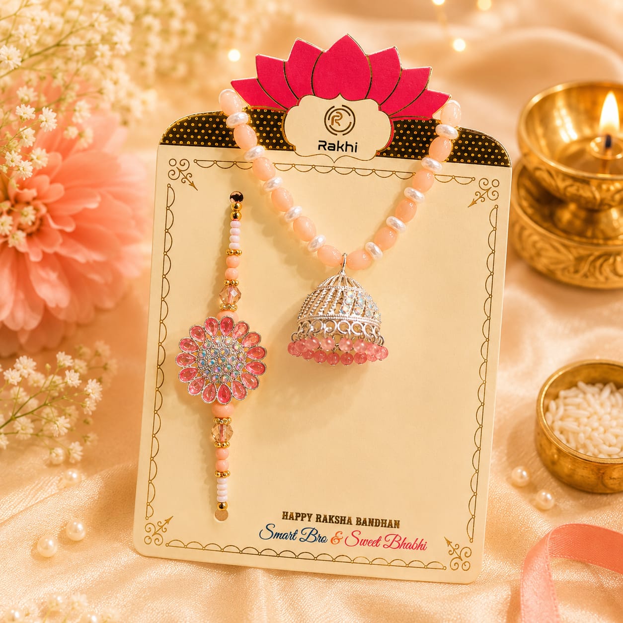 Jhumka Lumba Bhaiya Bhabhi Rakhi Set - Pink