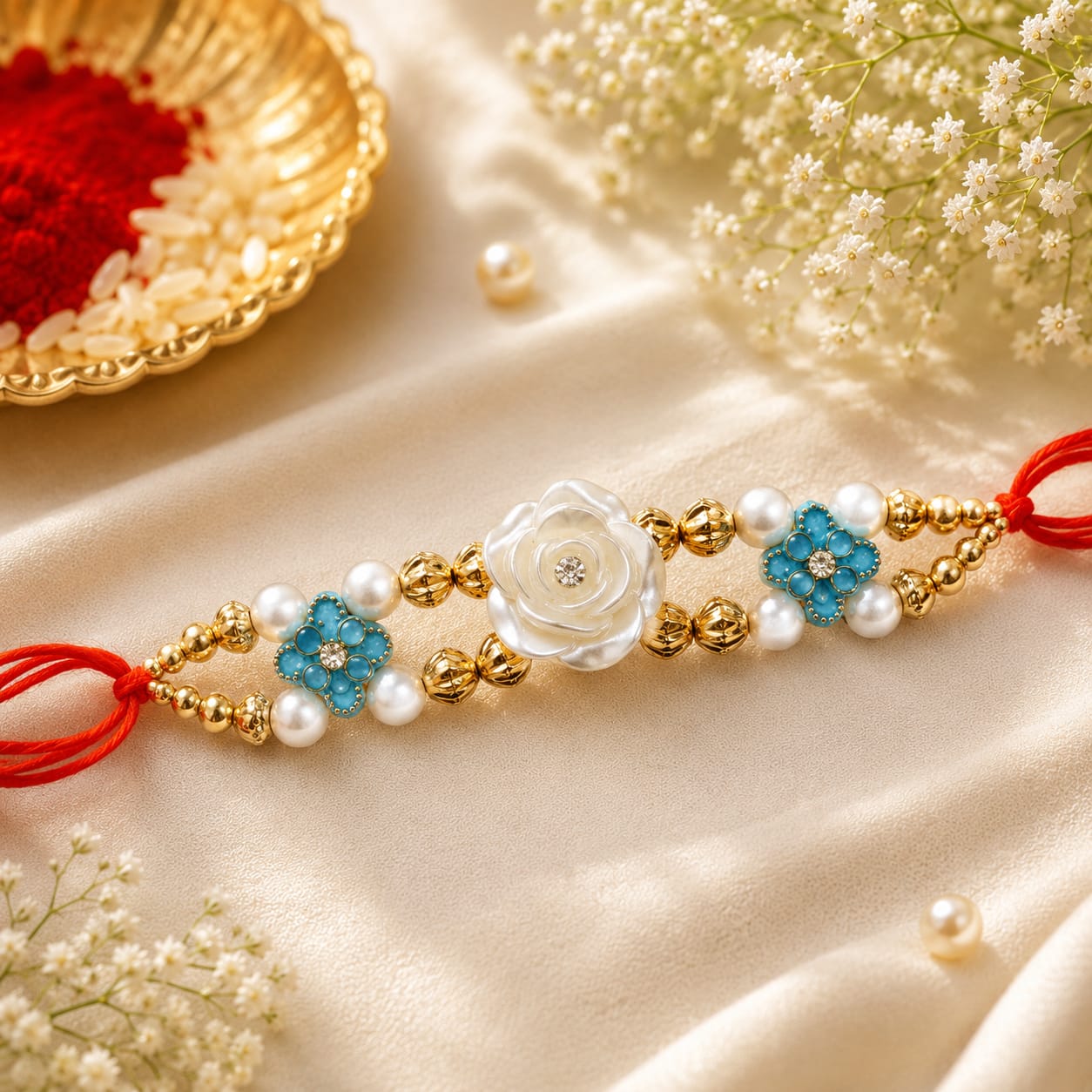 Pearl Rose Flower Rakhi - Blue