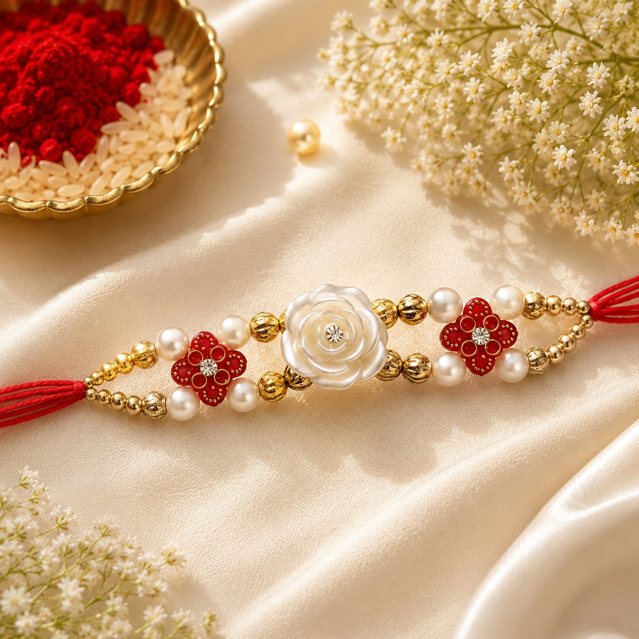 Pearl Rose Flower Rakhi - Red