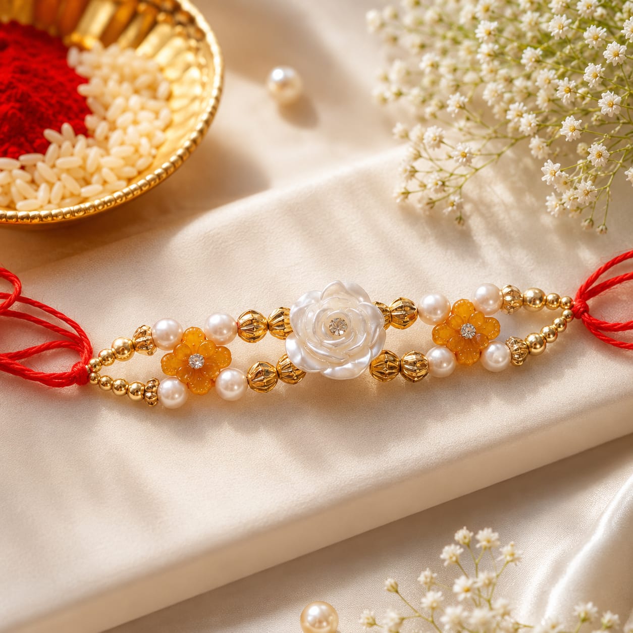 Pearl Rose Flower Rakhi - Orange
