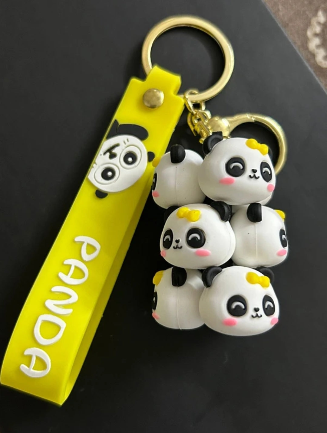 Cute Panda Cluster Keychain with Yellow Silicone Strap