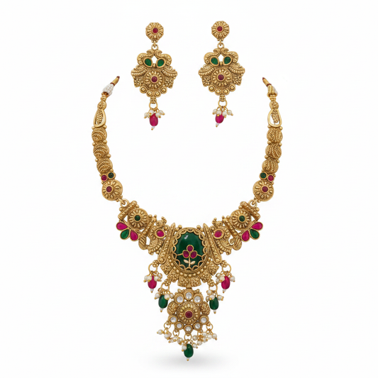 Antique Gold Kundan Floral Necklace Set