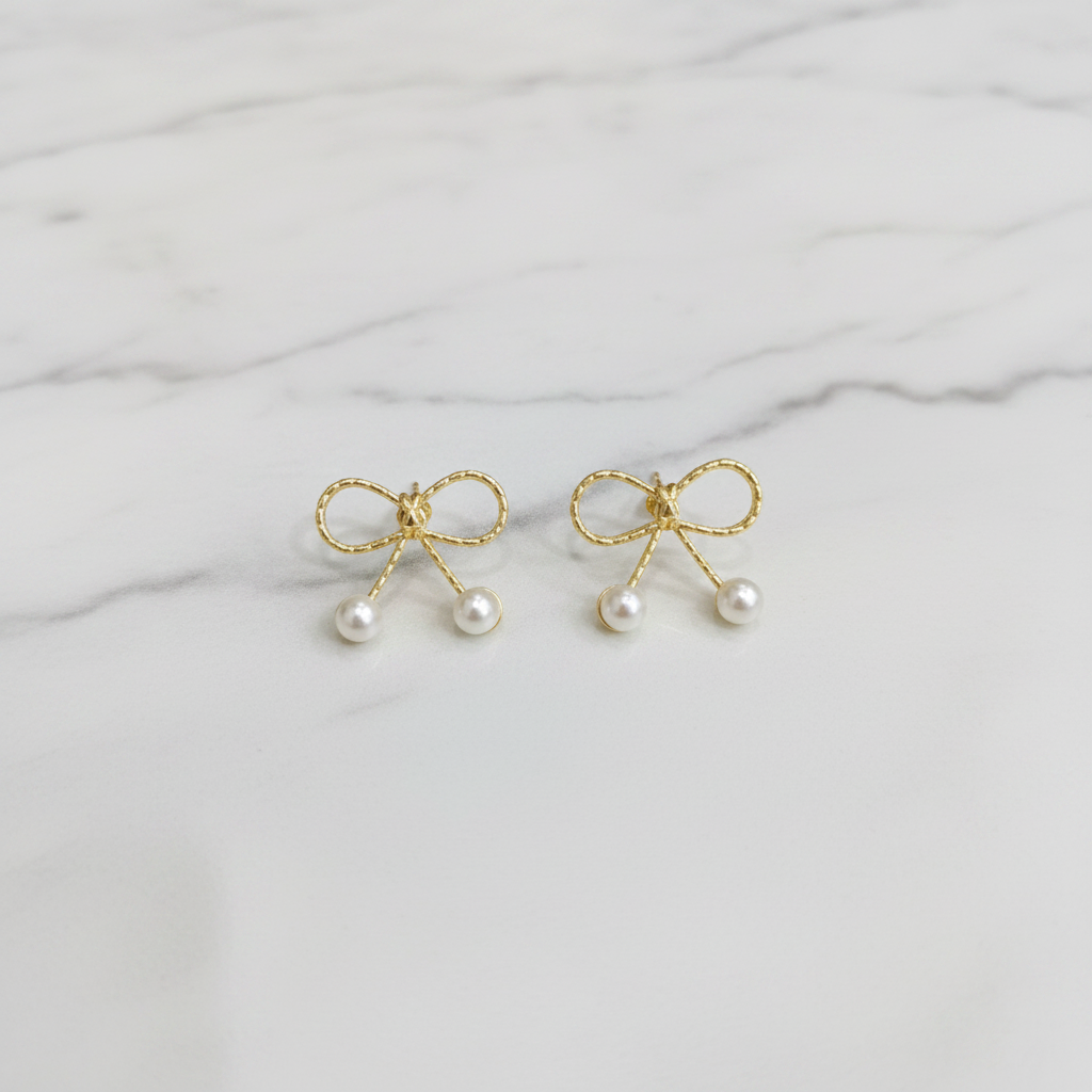 Gold Bow Pearl Drop Earrings