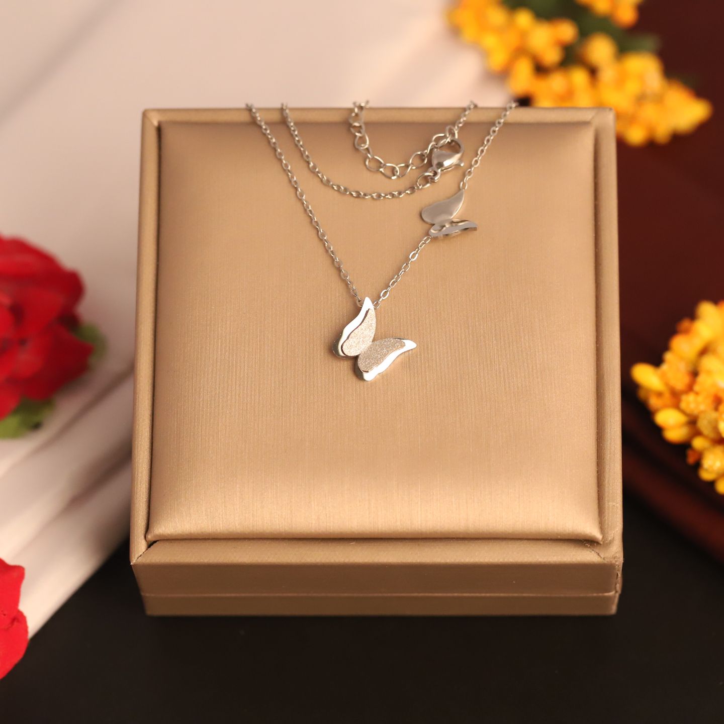 Anti Tarnish Double Butterfly Pendant Necklace