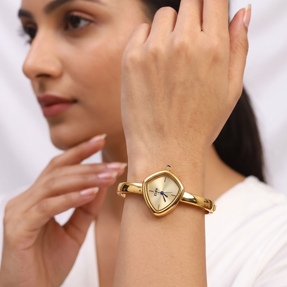 Gold Champagne Triangle Dial Bangle Watch
