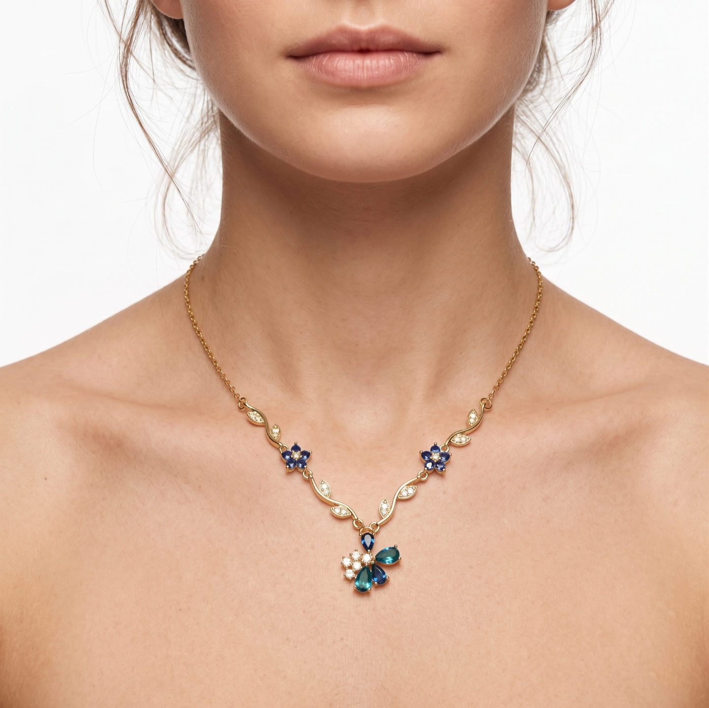 Anti Tarnish Tulip Chain Pendant - Blue and White