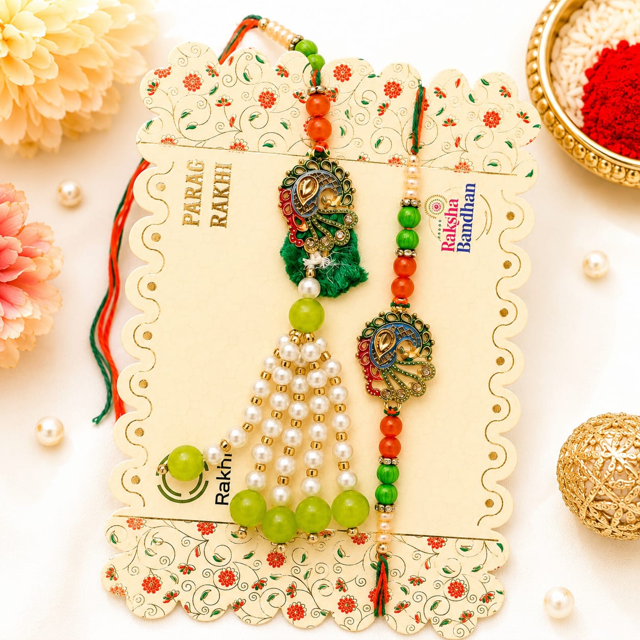 Tricolour Peacock Meenakari Bhaiya Bhabhi Rakhi Set