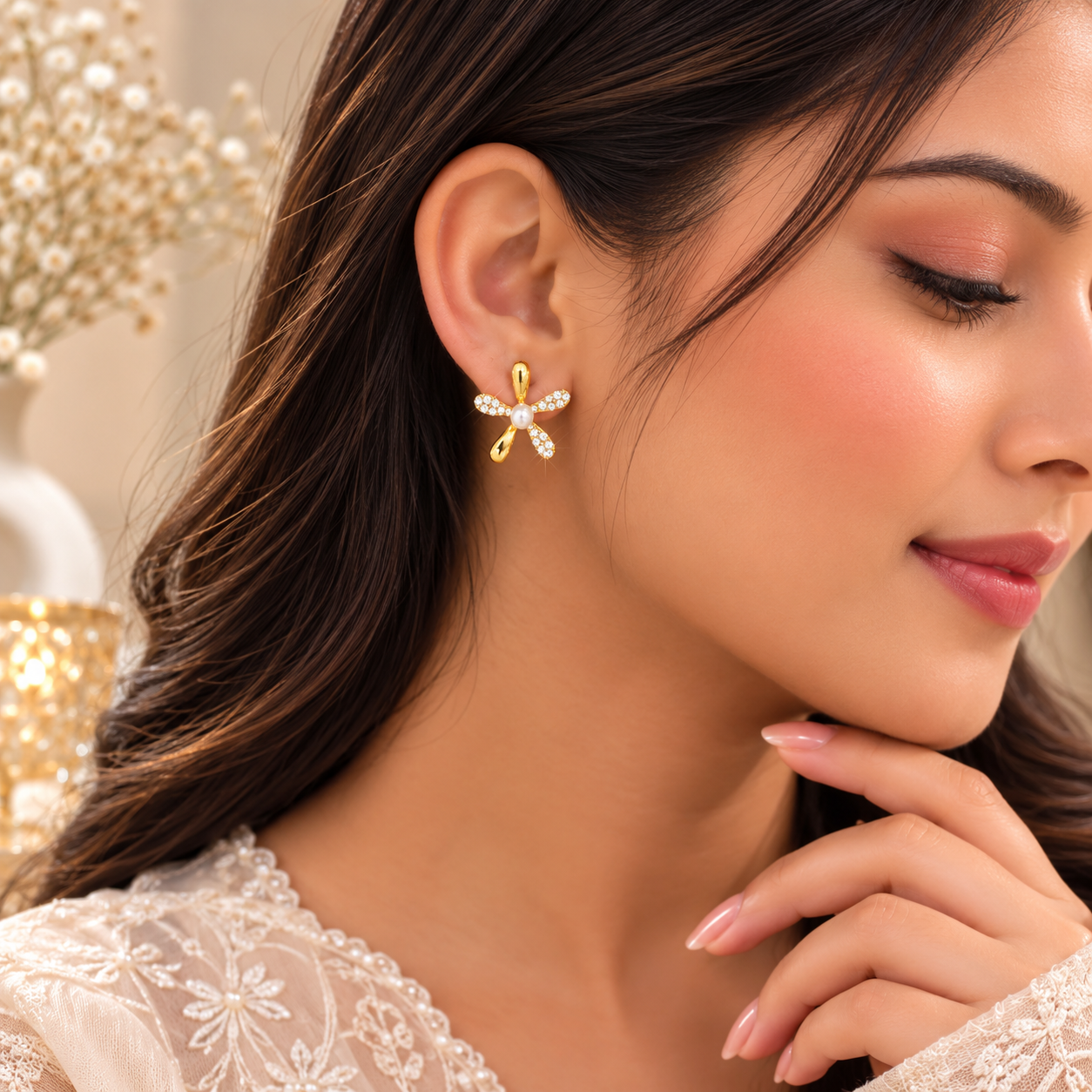 Pearl & Diamond Flower Stud Earrings