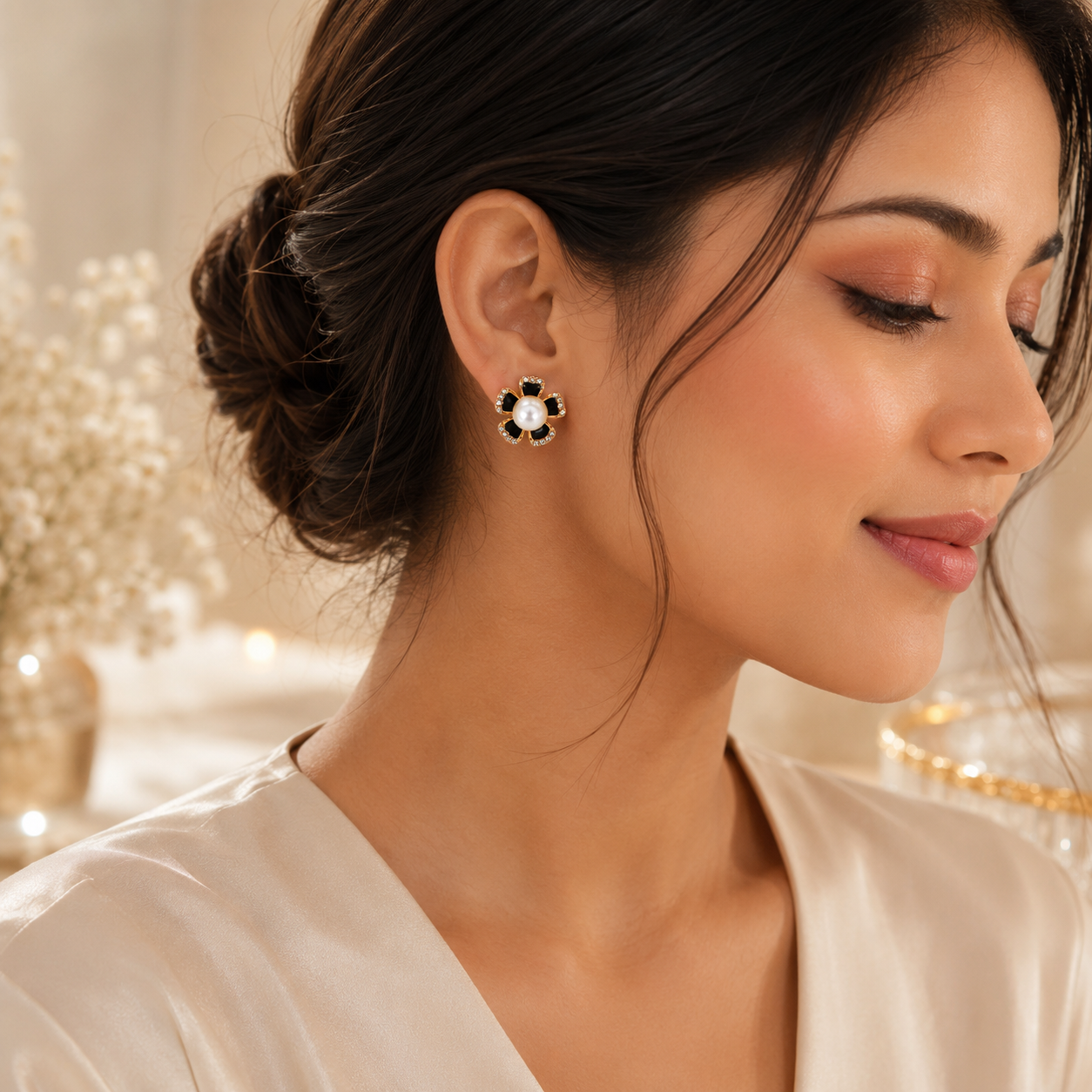 Black Pearl Flower Stud Earrings
