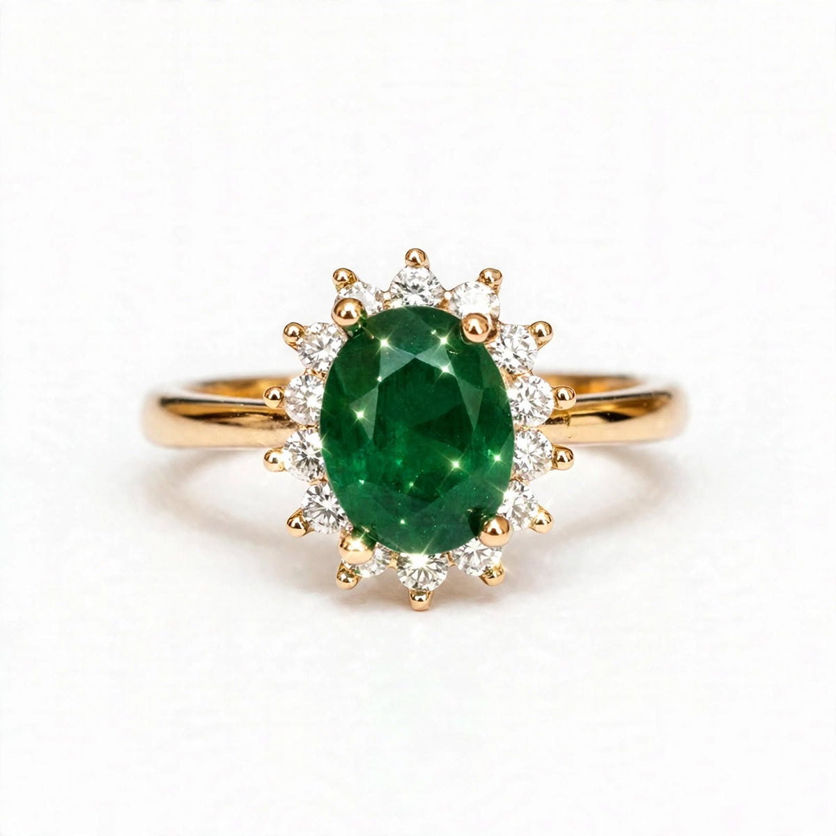 Emerald Green Oval Halo Adjustable Ring close-up on white background