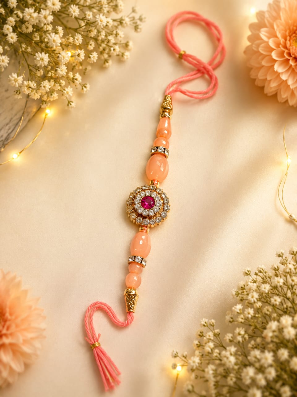 Peach CZ Stone Oval Bead Rakhi