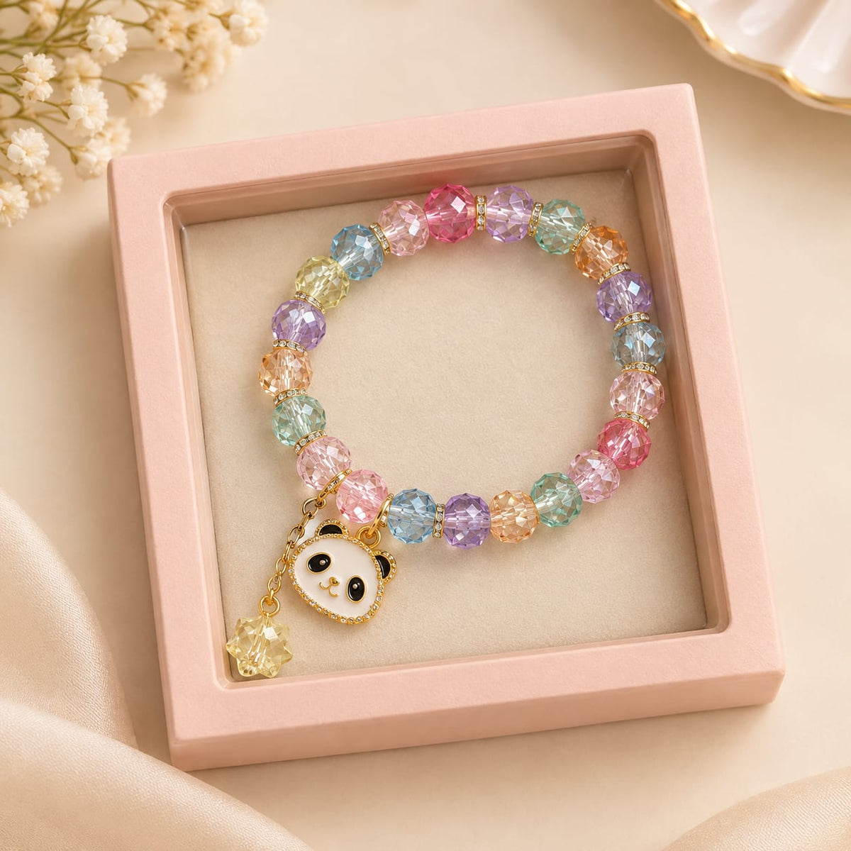 Multicolour Crystal Panda Face Charm Elastic Bracelet in premium pink gift box