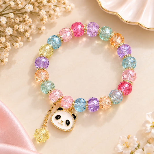 Multicolour Crystal Panda Face Charm Elastic Bracelet with large faceted crystal beads and rhinestone panda charm