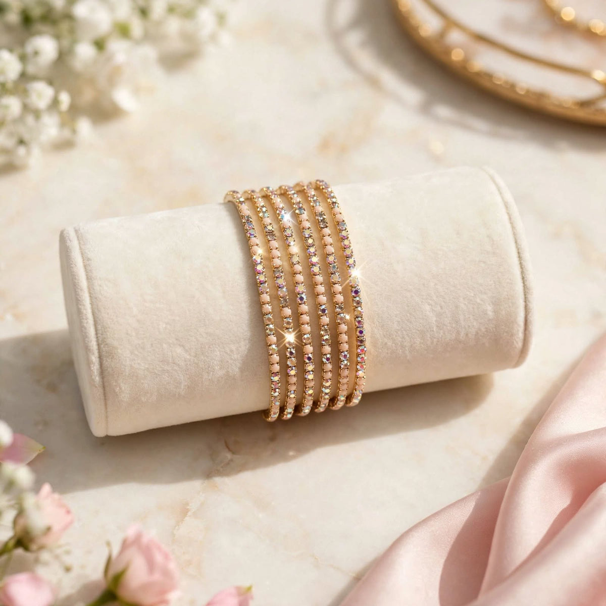 Gold Rhinestone Elastic Bracelet Set of 6 on velvet display roll with floral backdrop