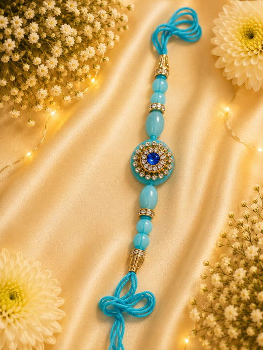 Blue CZ Stone Oval Bead Rakhi