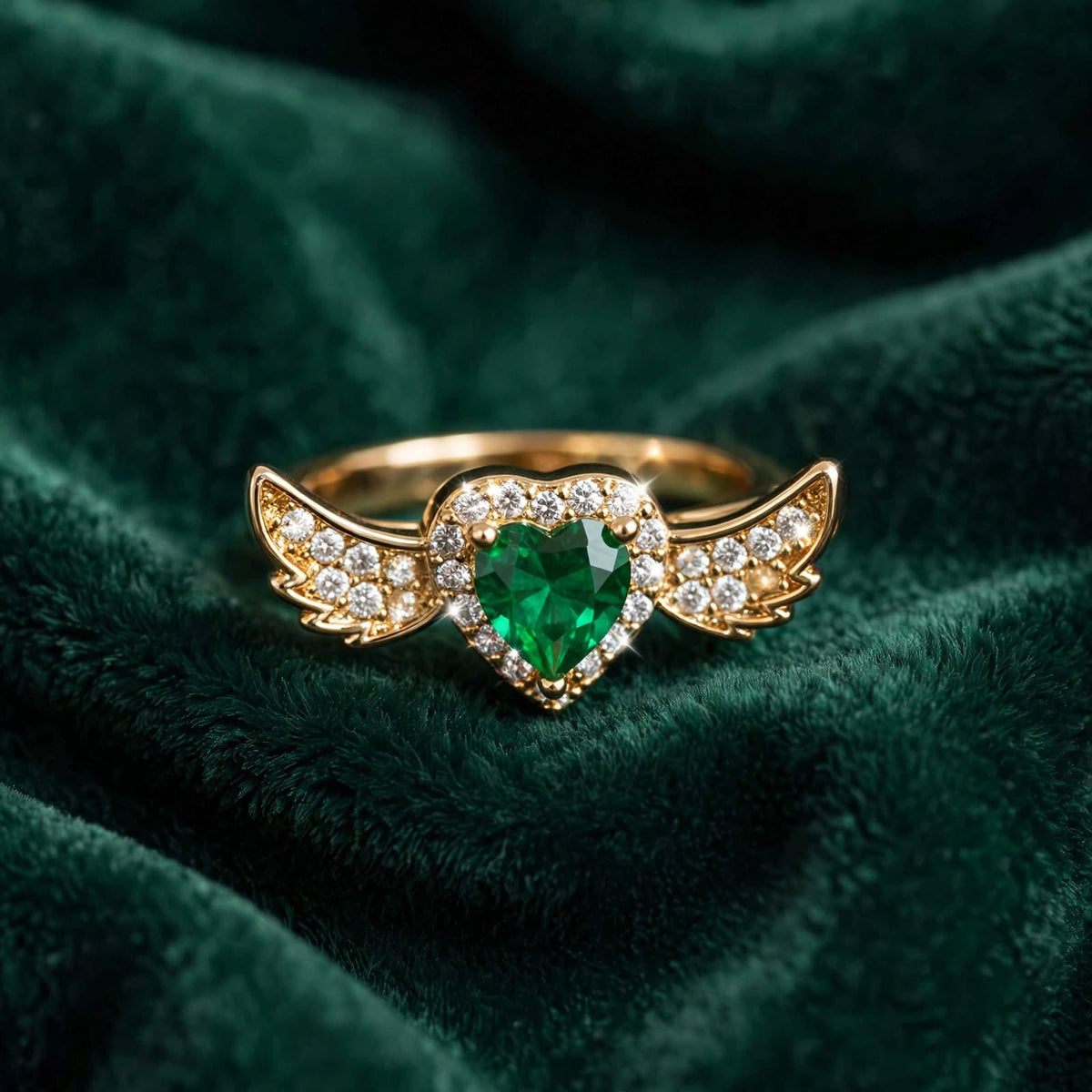 Emerald Green Heart Angel Wings Adjustable Ring on green velvet surface