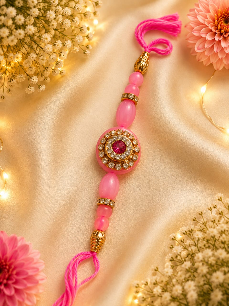 Pink CZ Stone Oval Bead Rakhi