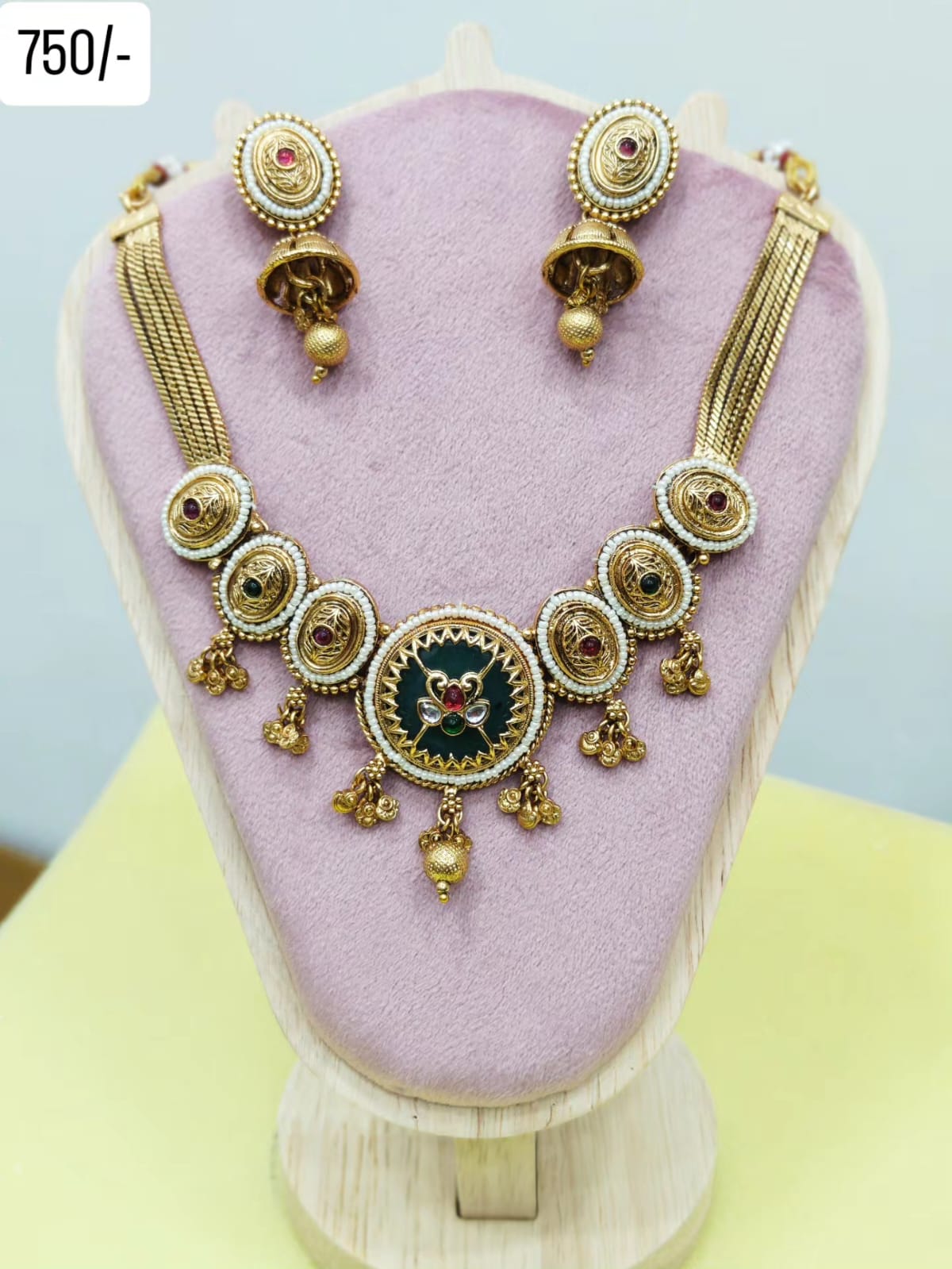 Antique Gold Pearl & Meenakari Necklace Set