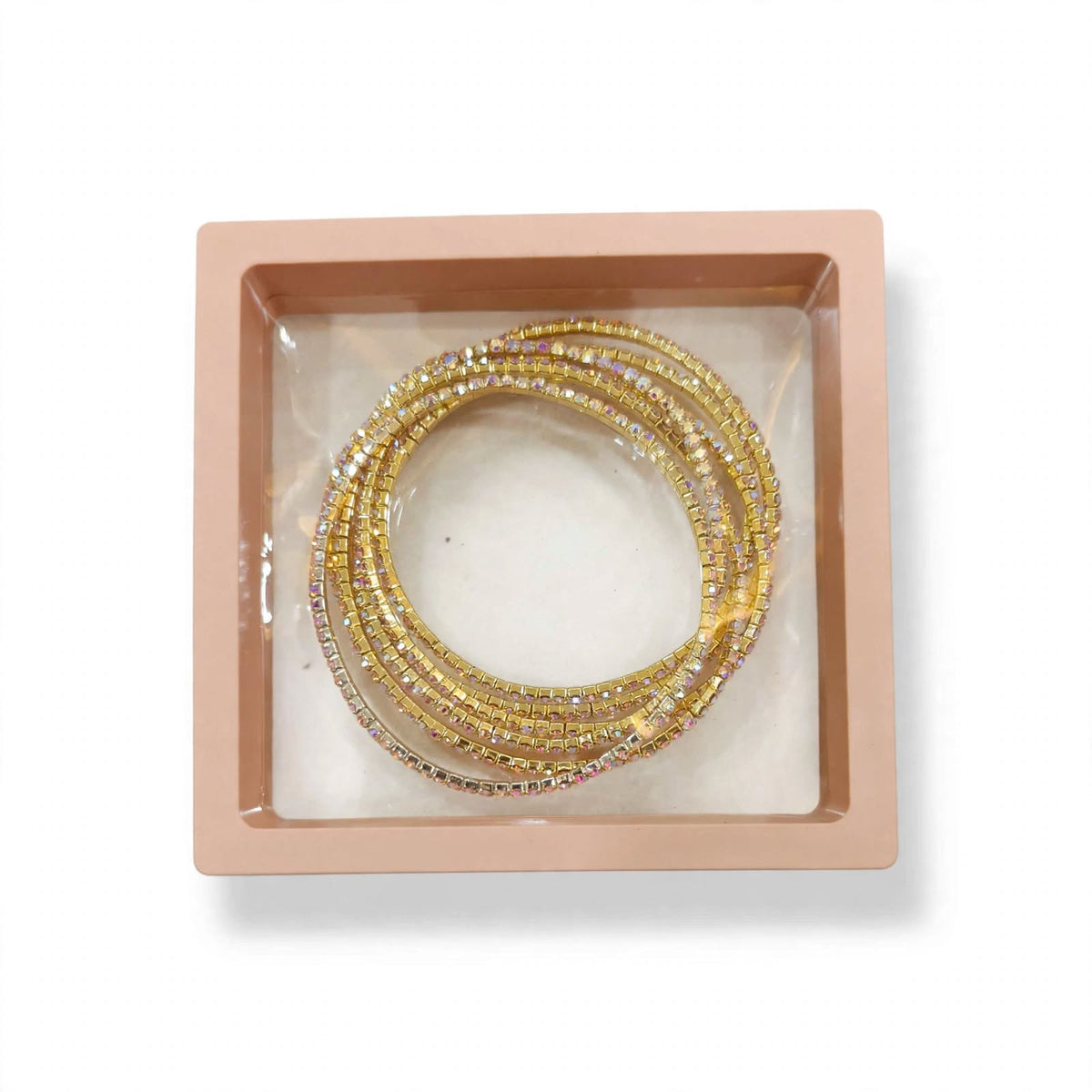 Gold AB Rainbow Rhinestone Elastic Bracelet Set of 6 in premium gift box packaging