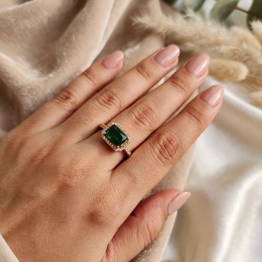 Emerald Green Emerald-Cut Crystal Halo Adjustable Ring worn on hand