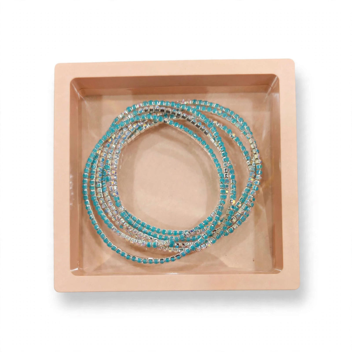 Teal and Silver AB Rhinestone Elastic Bracelet Set of 6 in premium gift box packaging