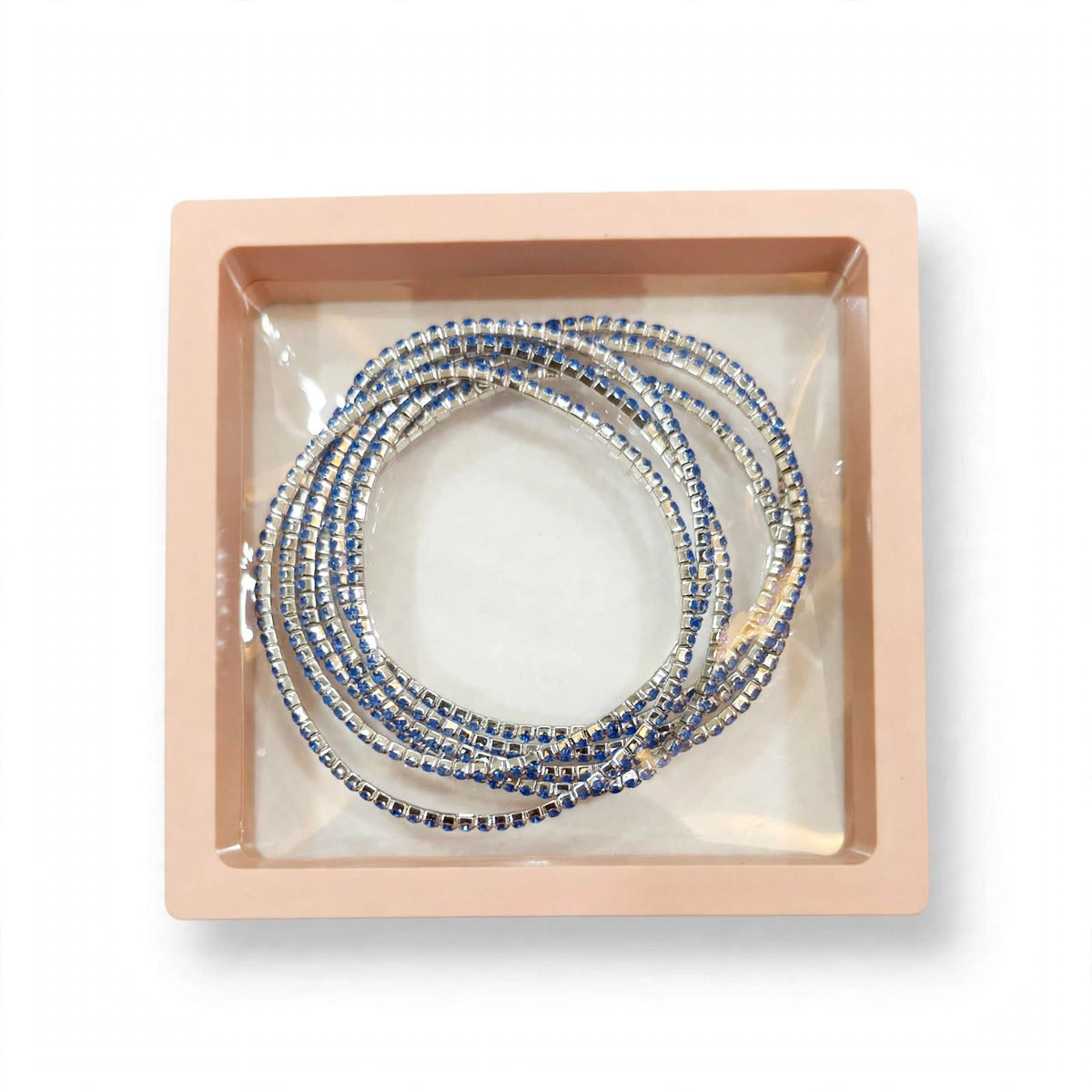 Royal Blue and Silver Rhinestone Elastic Bracelet Set of 6 in premium gift box packaging