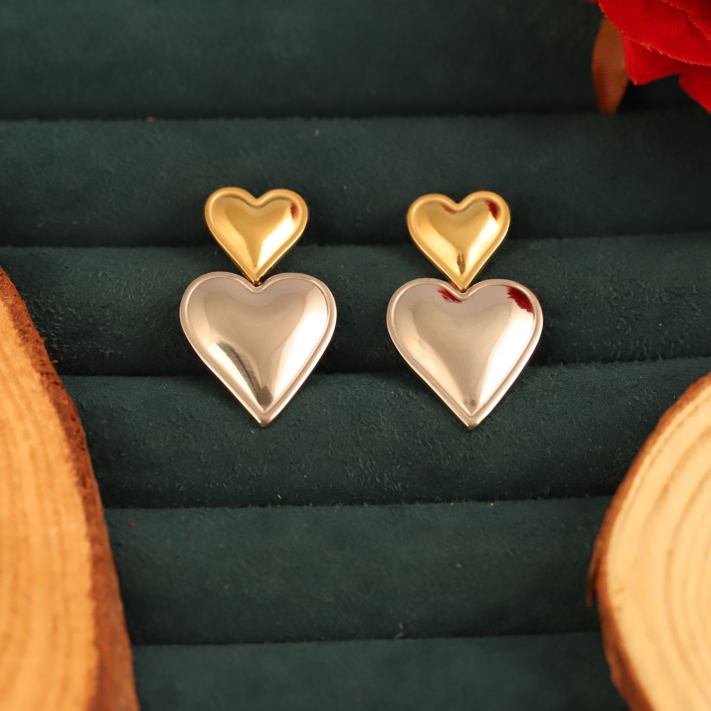 Anti tarnish Double Heart Drop Earrings