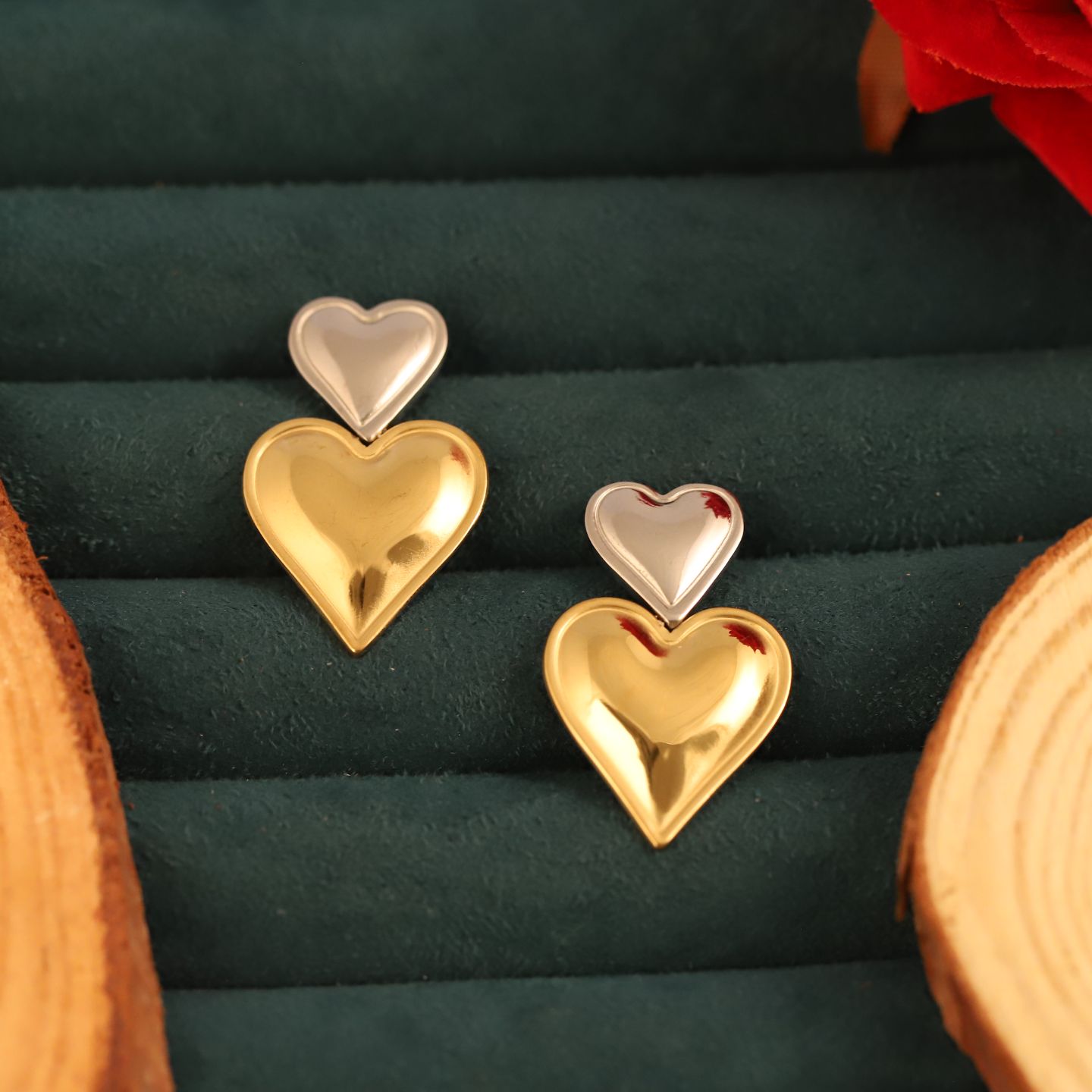 Anti tarnish Double Heart Drop Earrings