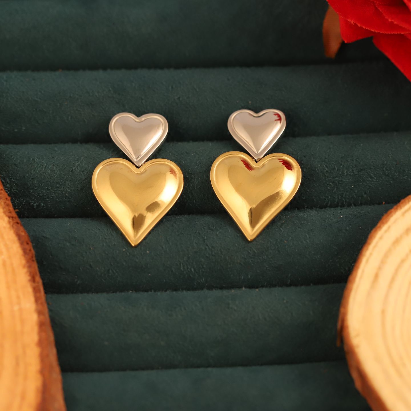 Anti tarnish Double Heart Drop Earrings