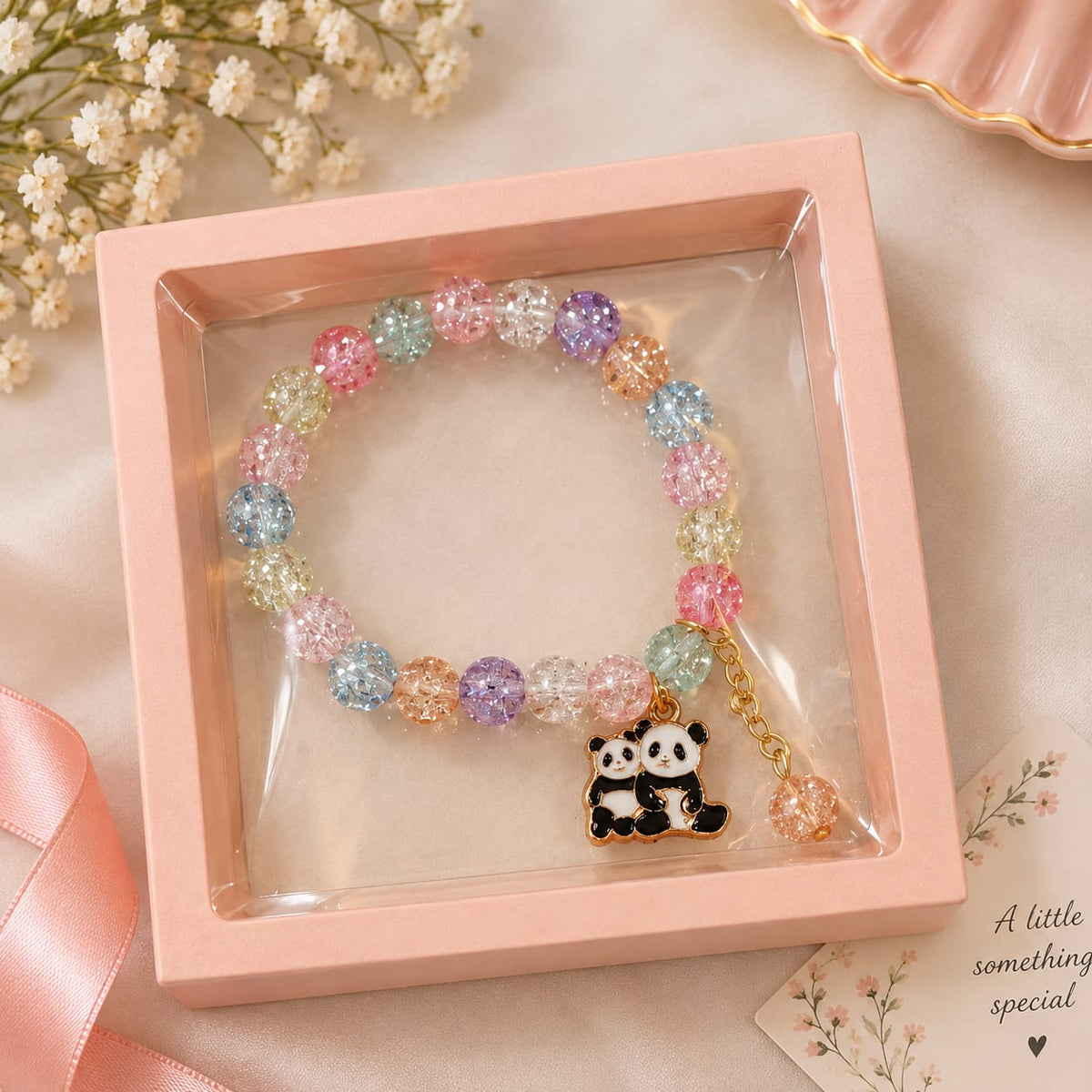 Multicolour Crystal Panda Charm Elastic Bracelet in premium pink gift box
