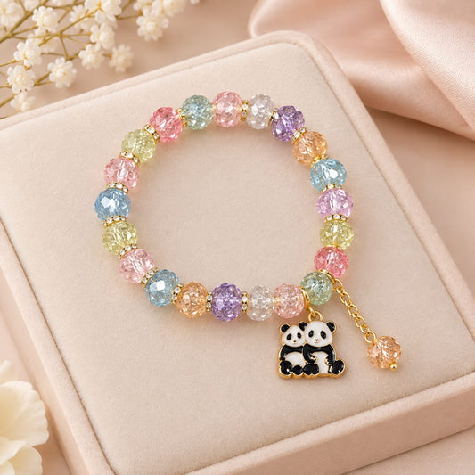 Multicolour Crystal Panda Charm Elastic Bracelet with pastel crystal beads and enamel panda charm on velvet display