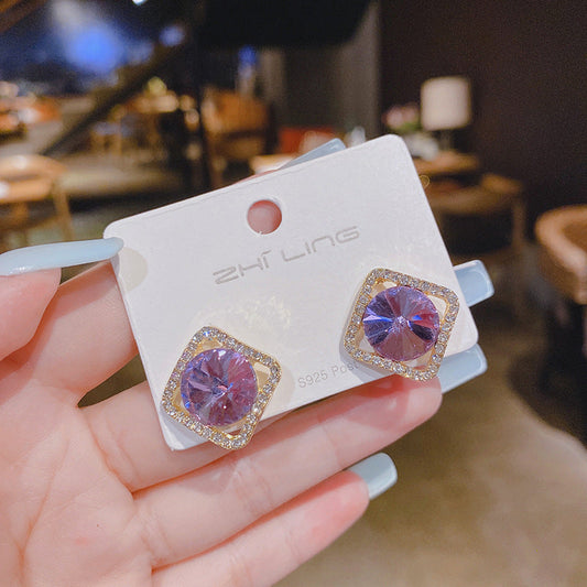 Korean Square Crystal Halo Stud Earrings