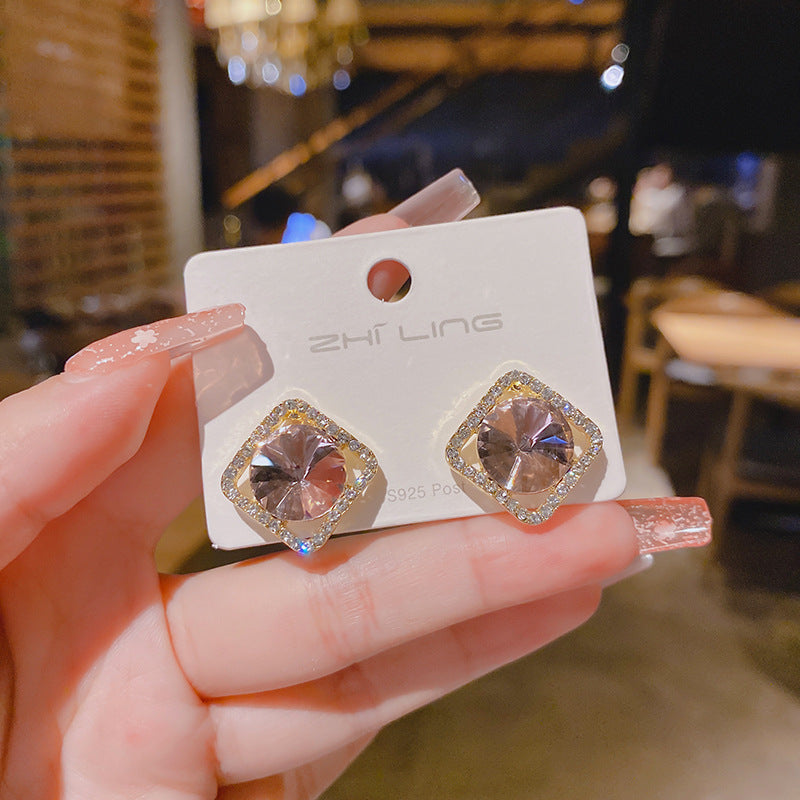 Korean Square Crystal Halo Stud Earrings