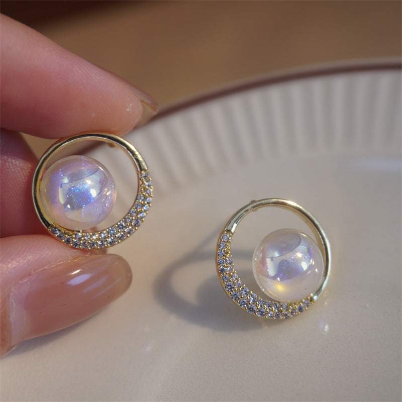 Korean Moonstone Circle Halo Stud Earrings