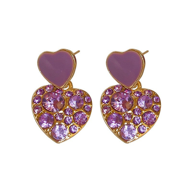 Korean Purple Crystal Heart Drop Earrings