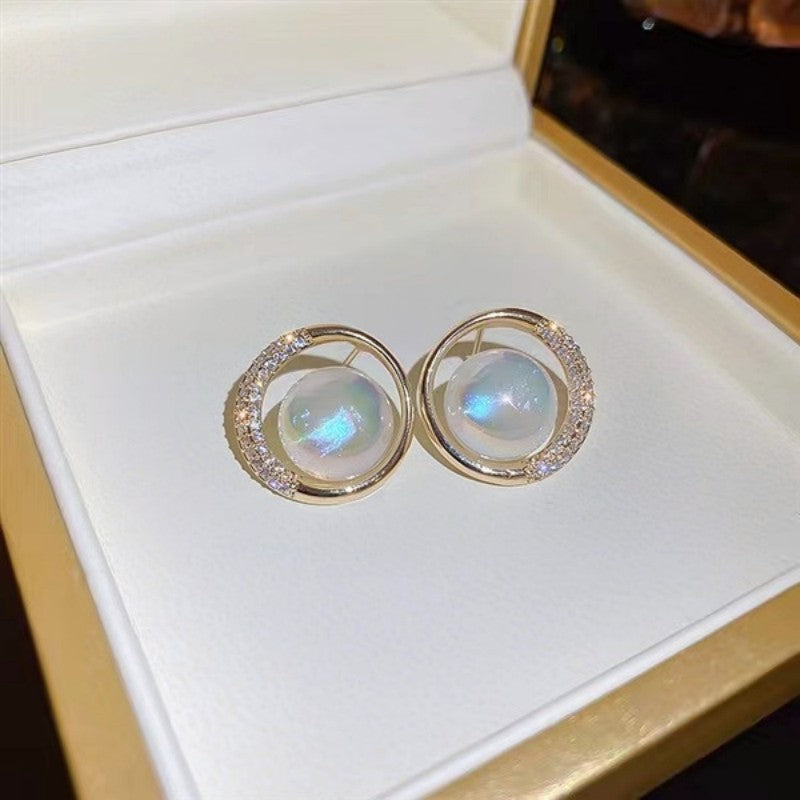 Korean Moonstone Circle Halo Stud Earrings