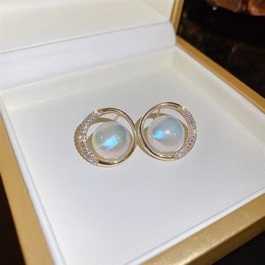 Korean Moonstone Circle Halo Stud Earrings