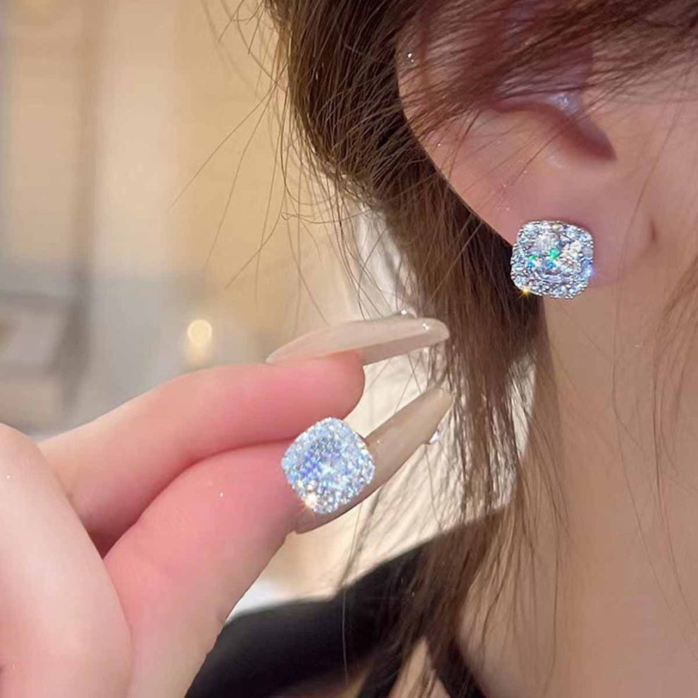 Korean Cushion Cut CZ Halo Stud Earrings