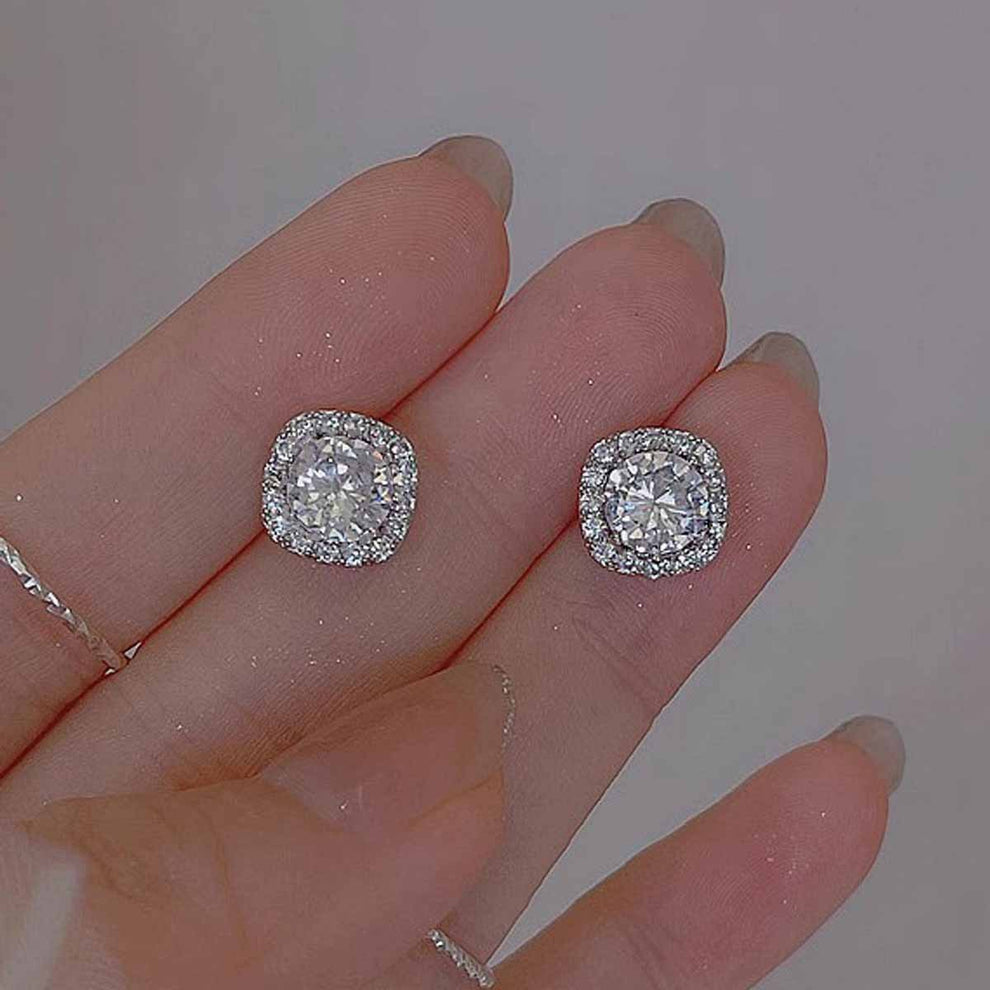 Korean Cushion Cut CZ Halo Stud Earrings