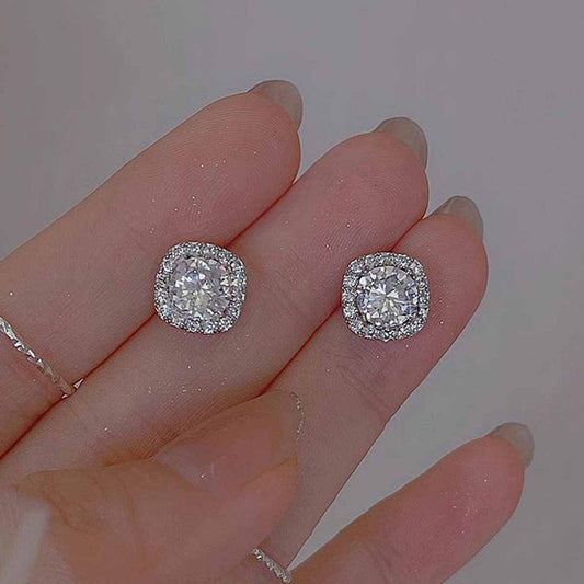 Korean Cushion Cut CZ Halo Stud Earrings