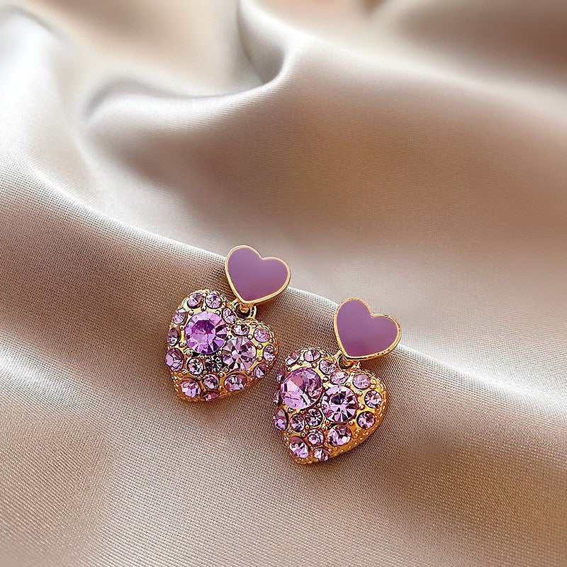 Korean Purple Crystal Heart Drop Earrings