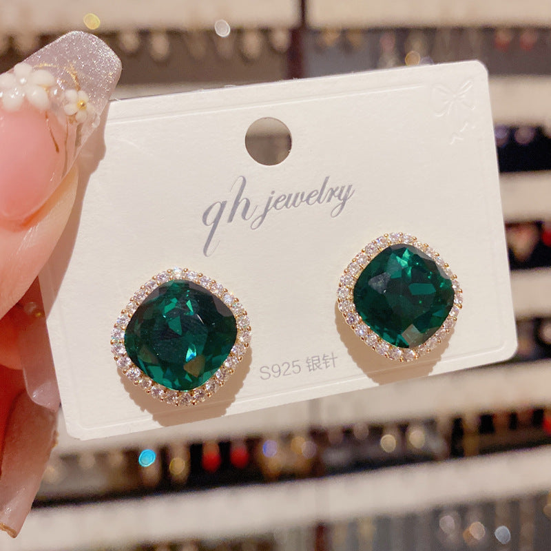 Korean Crystal Gemstone Halo Stud Earrings