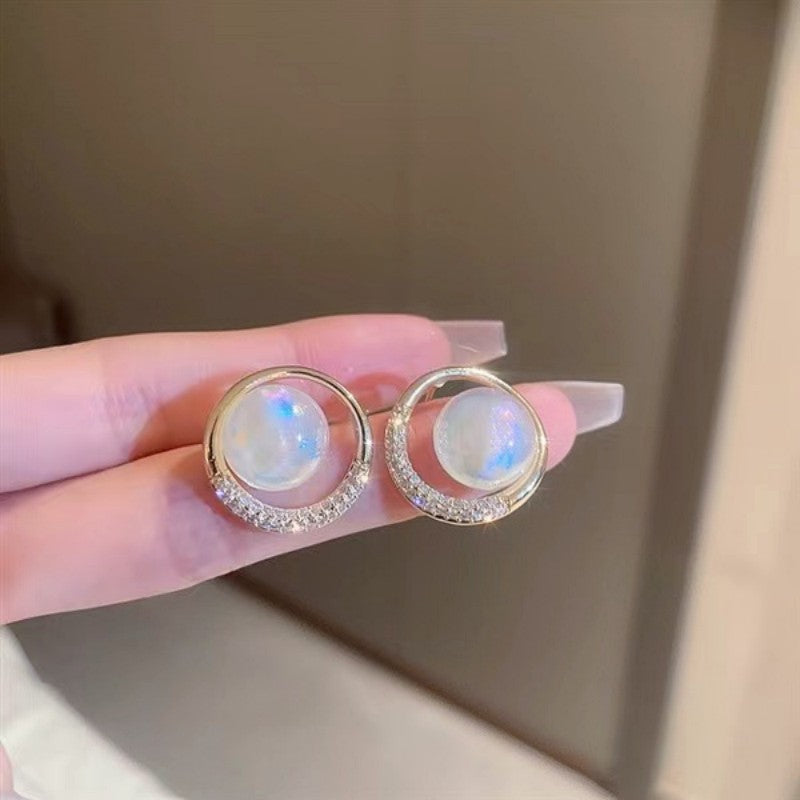 Korean Moonstone Circle Halo Stud Earrings