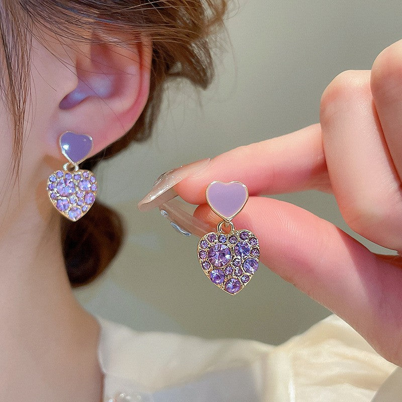Korean Purple Crystal Heart Drop Earrings