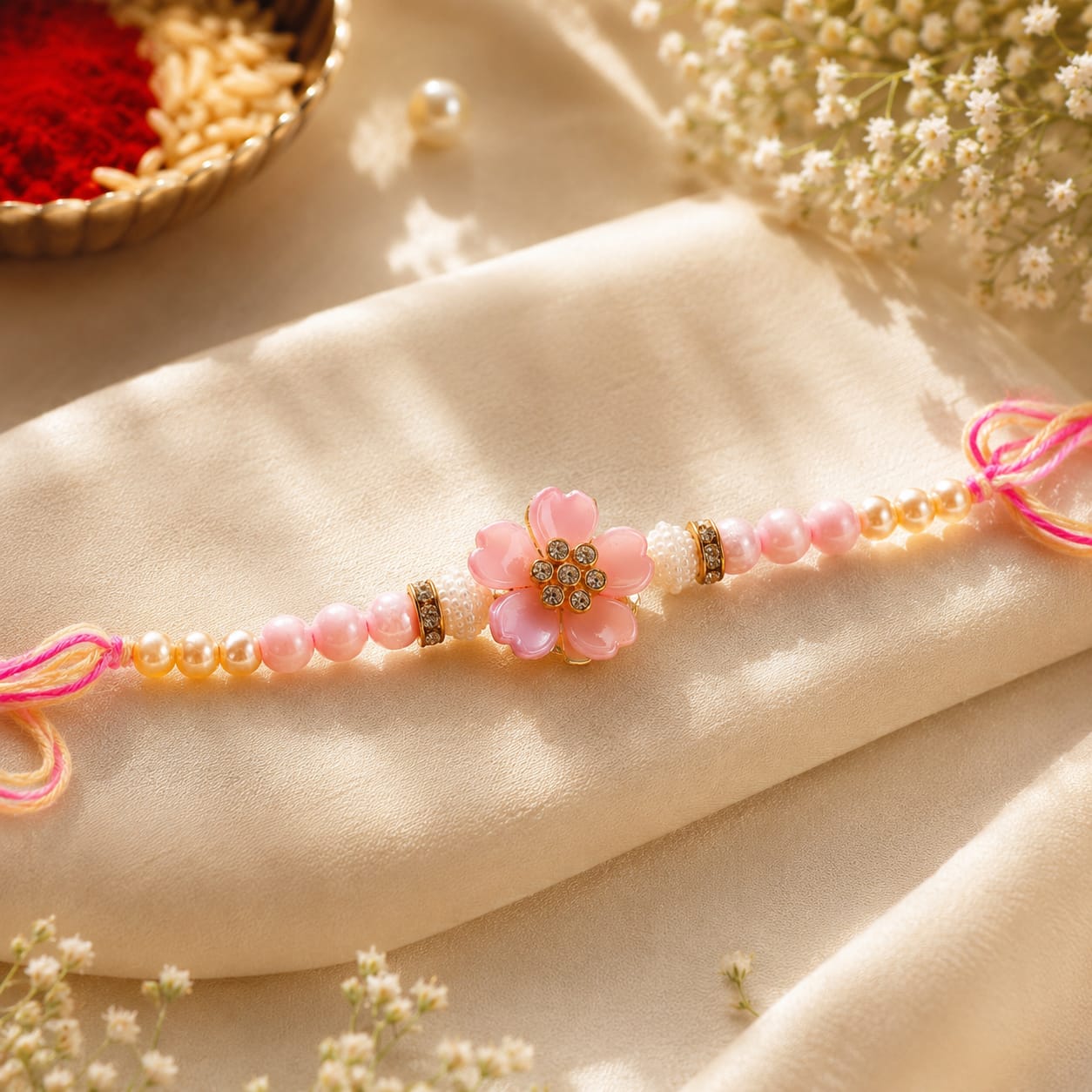 Pink Enamel Flower Pearl Rakhi