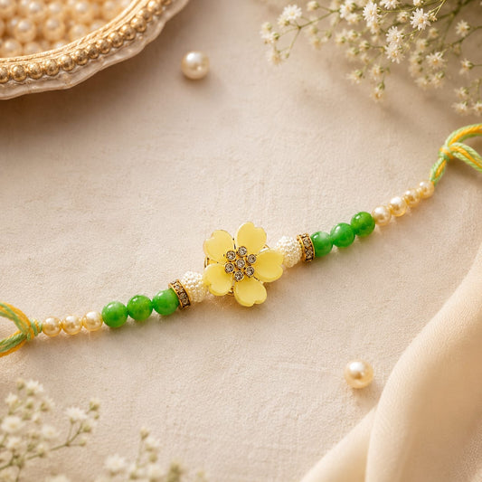 Yellow Enamel Flower Pearl Rakhi