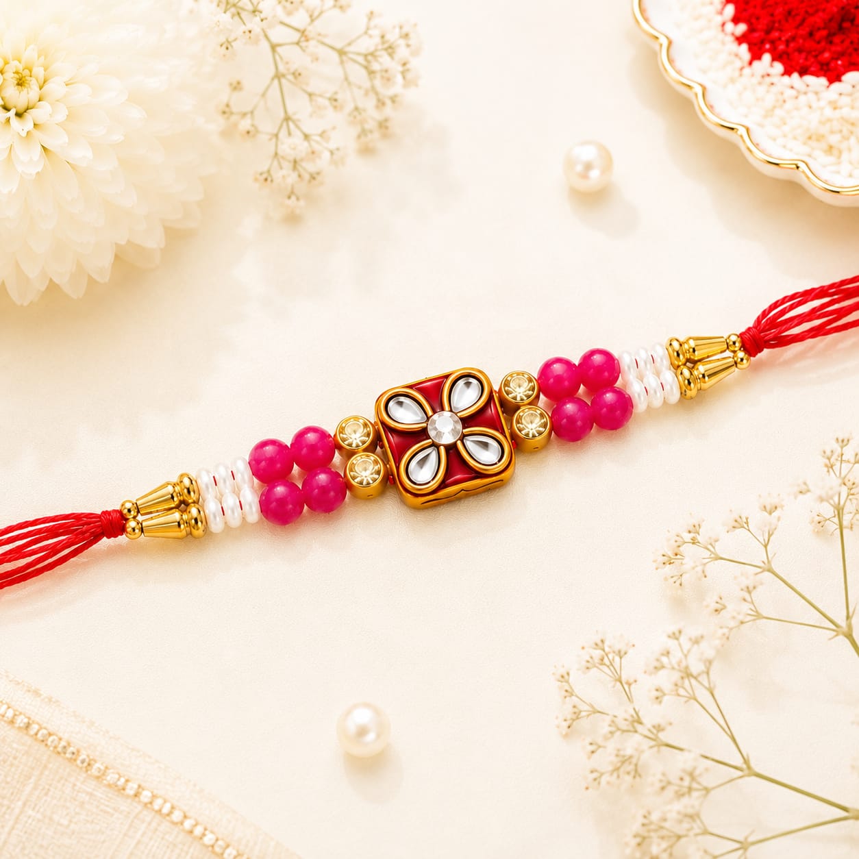 Pink Kundan Square Floral Bead Rakhi