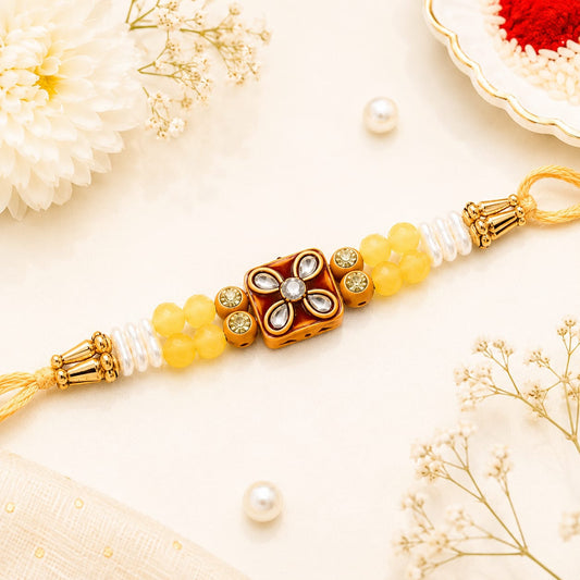 Yellow Kundan Square Floral Bead Rakhi