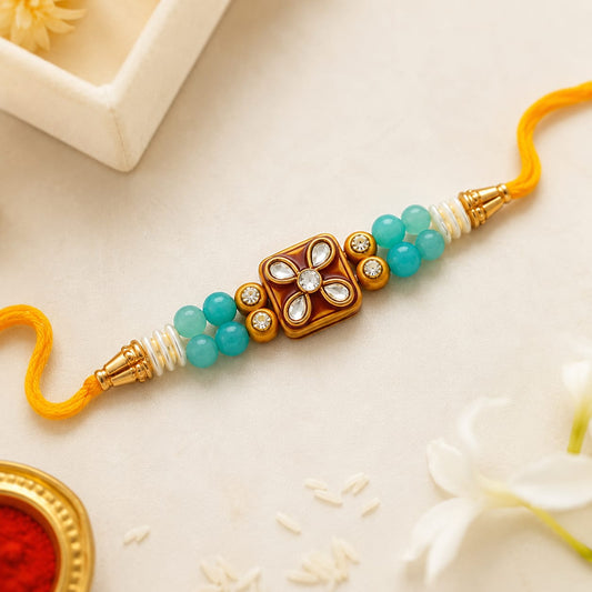 Teal Kundan Square Floral Bead Rakhi